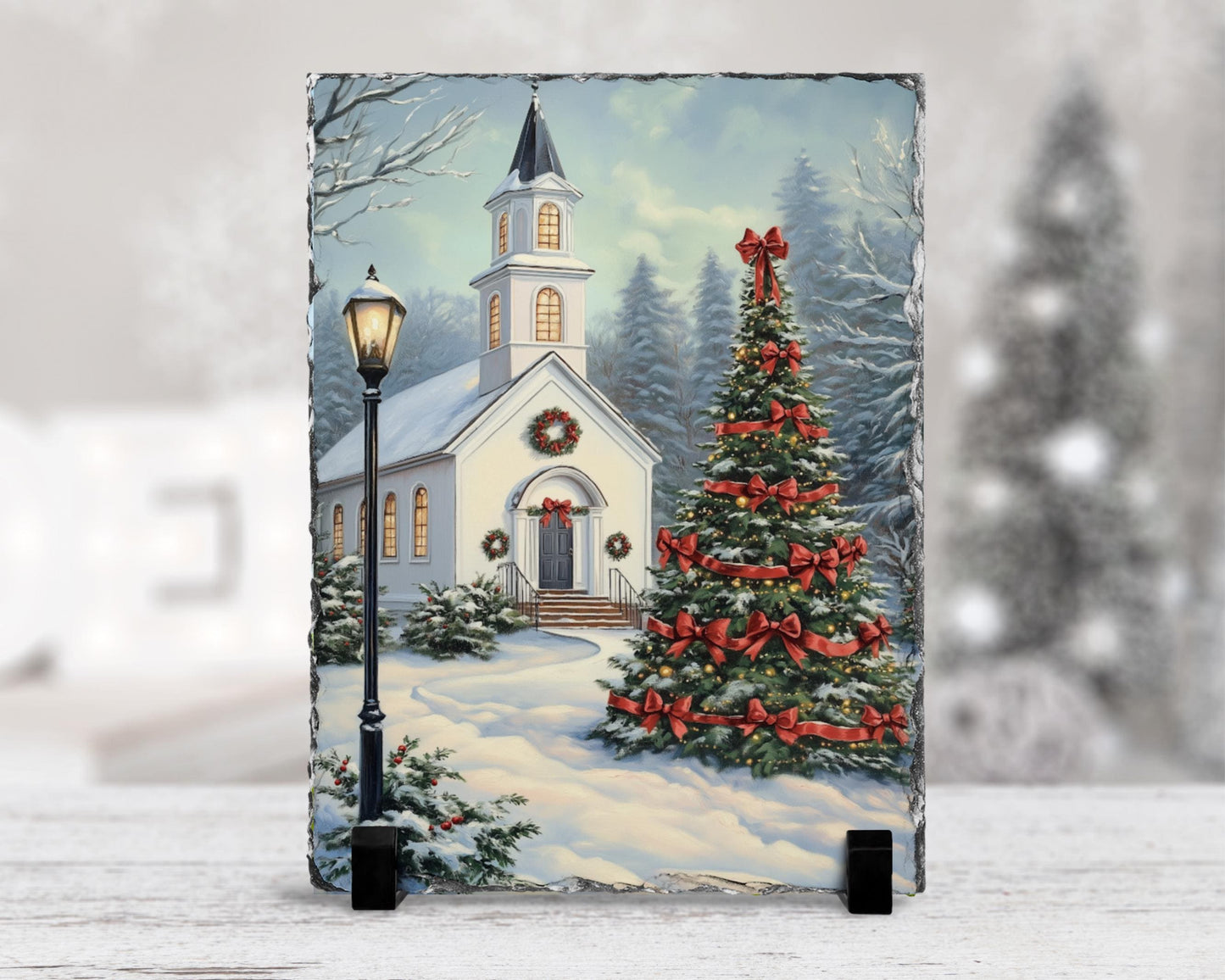 Vintage Slate Christmas Art with Red Bows  Snowy Landscape