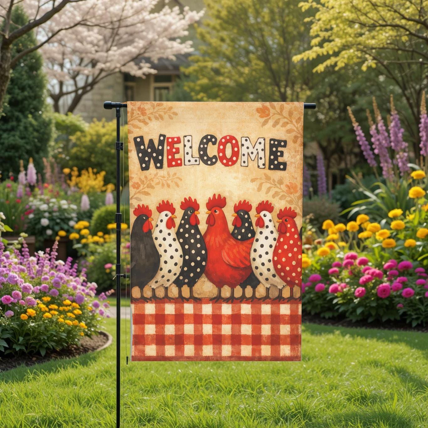 Welcome Chicken Garden Flag – Farmhouse Porch Decor With Rooster Yard Design - additional angle