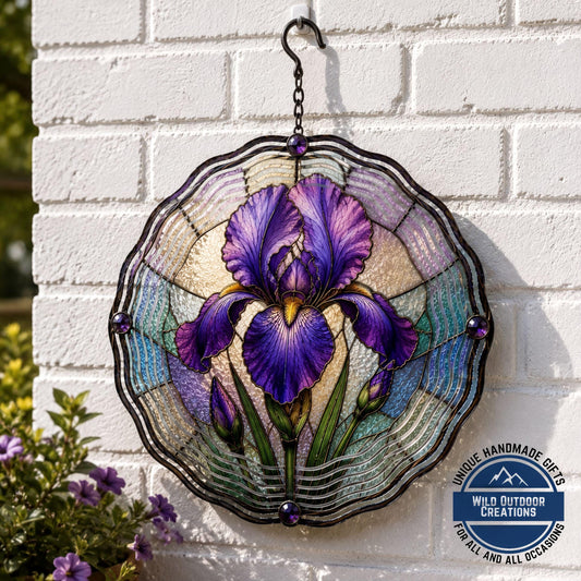 February Birth Flower Iris Wind Spinner 10 Inch Faux Stained Glass Metal Garden Decor