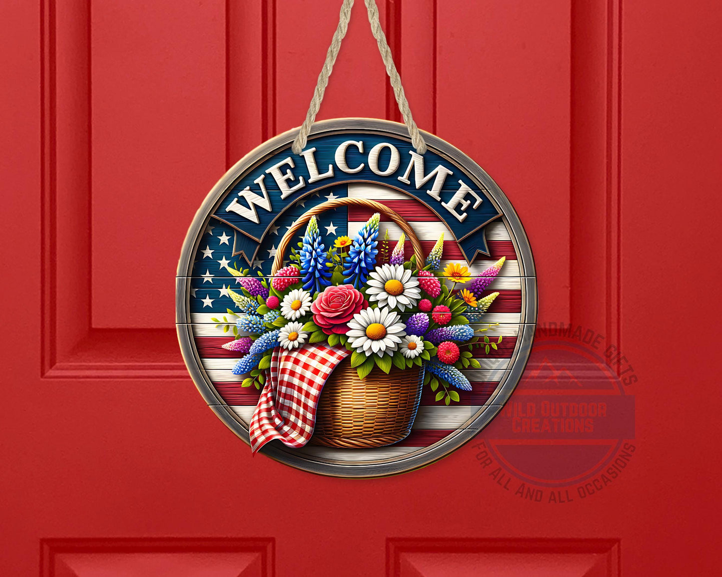 Patriotic Door Hanger - Aluminum Outdoor Sign With American Flag & Floral Basket