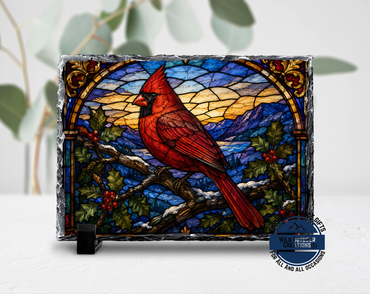 Red Cardinal Faux Stained Glass Slate Plaque, Memorial Bird Decor, Christmas Sympathy Gift