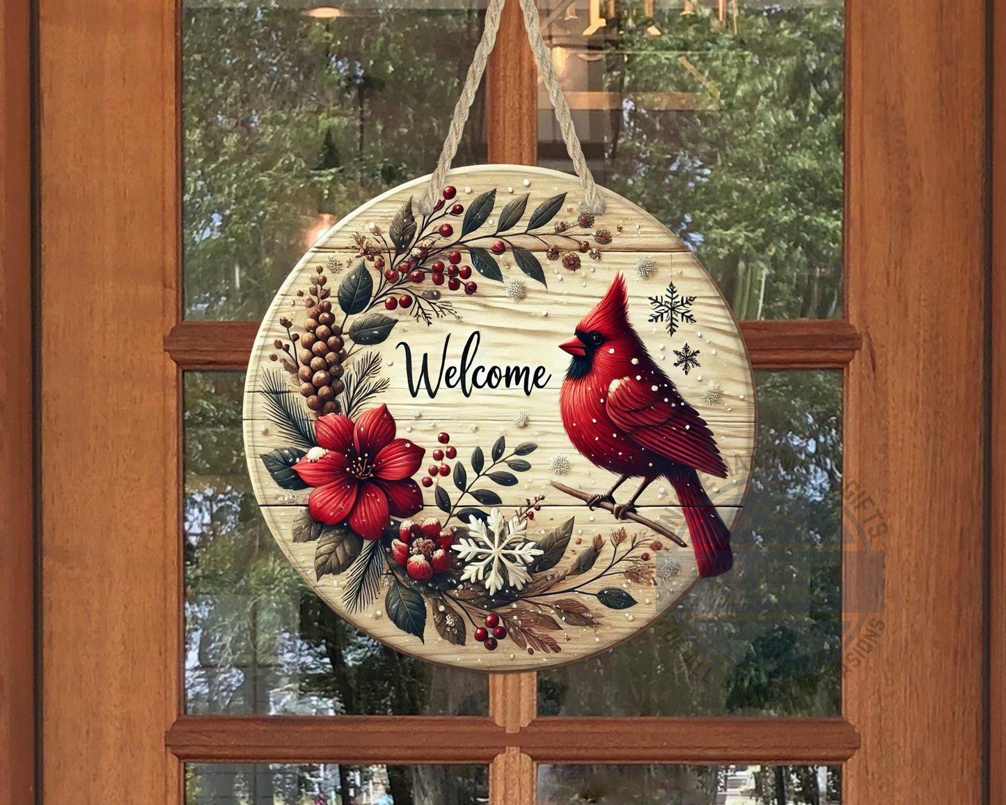 Cardinal Door Hanger - Winter Floral Wreath | Lightweight Aluminum Holiday Porch Sign