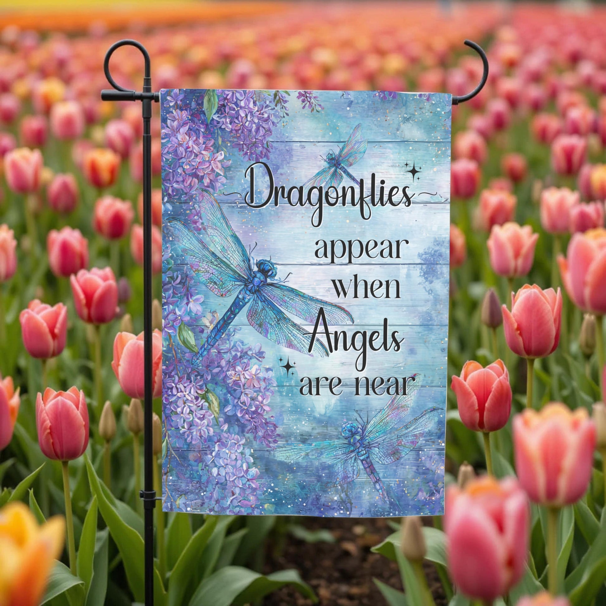 Memorial Garden Flag – Dragonfly Garden Flag with Lilac Flowers | UV Protected Polyester - close up detail