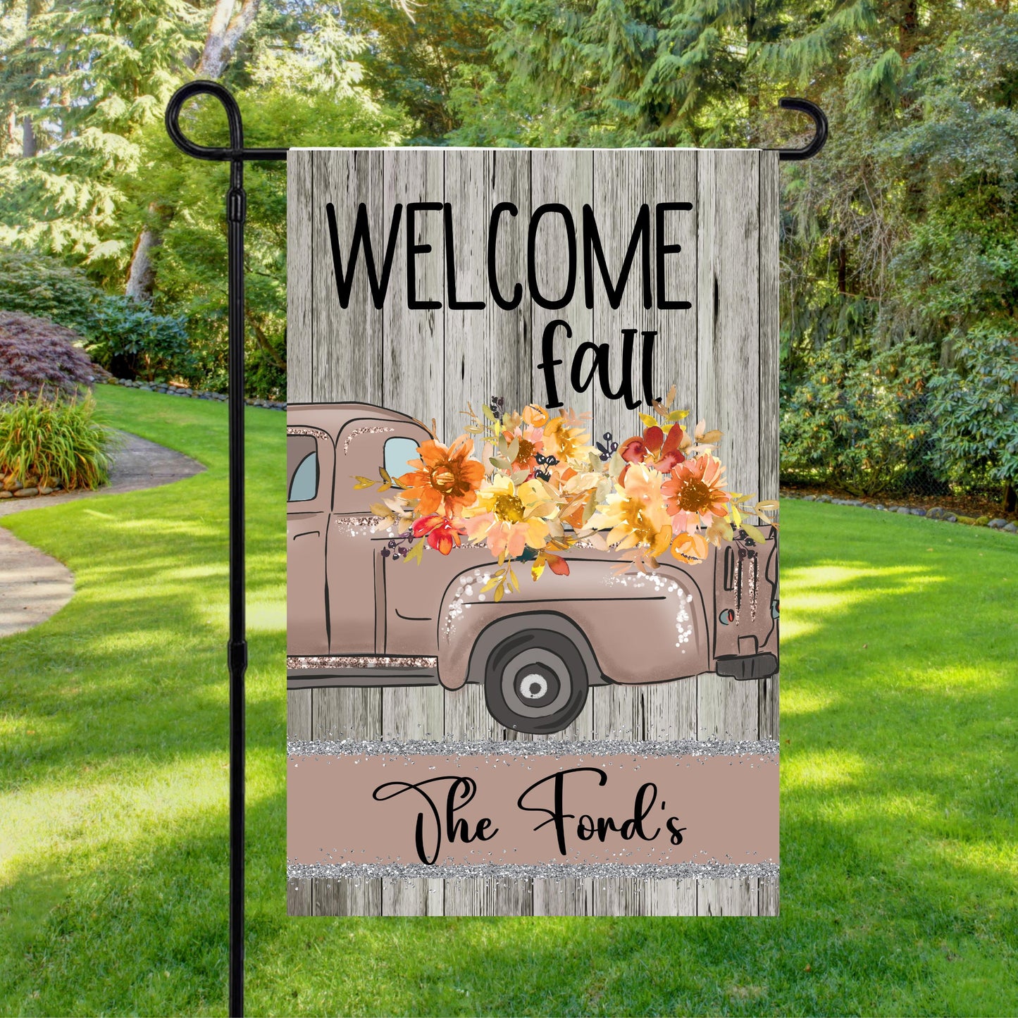 Rustic Wood Truck Garden Flag - Custom Double-Sided Fall Decor 12x18 Inch