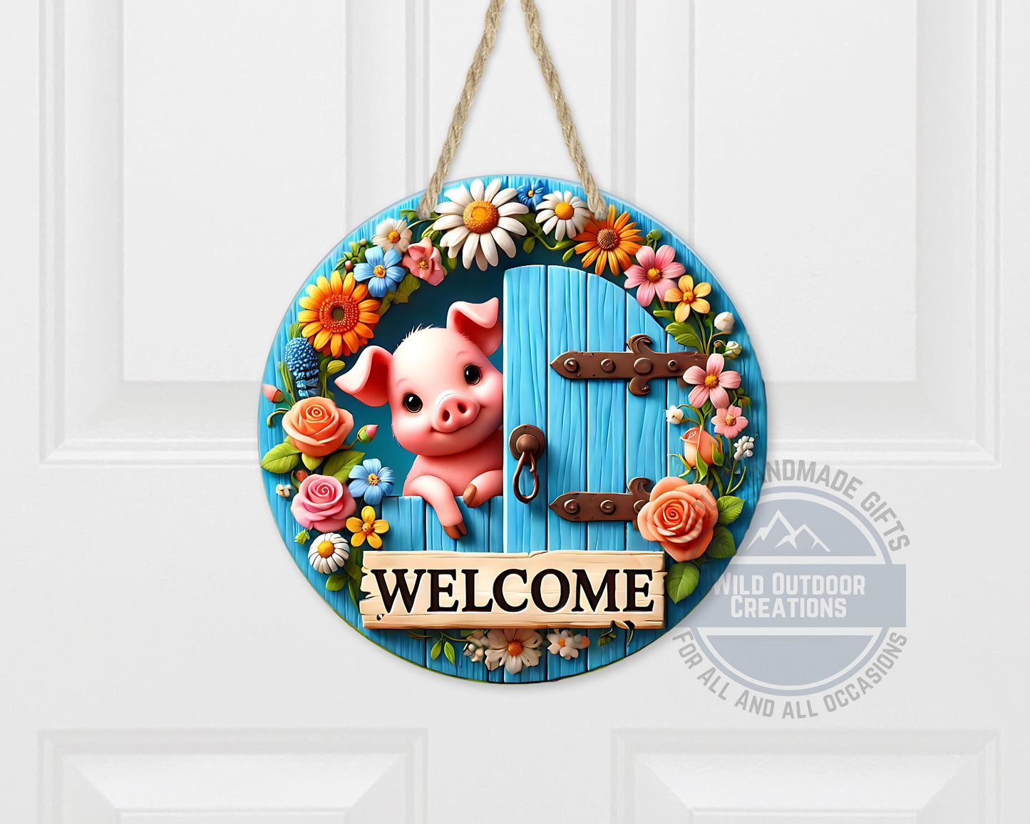 Pig Door Hanger – Farmhouse Welcome Sign | Floral Blue Wood Aluminum Decor