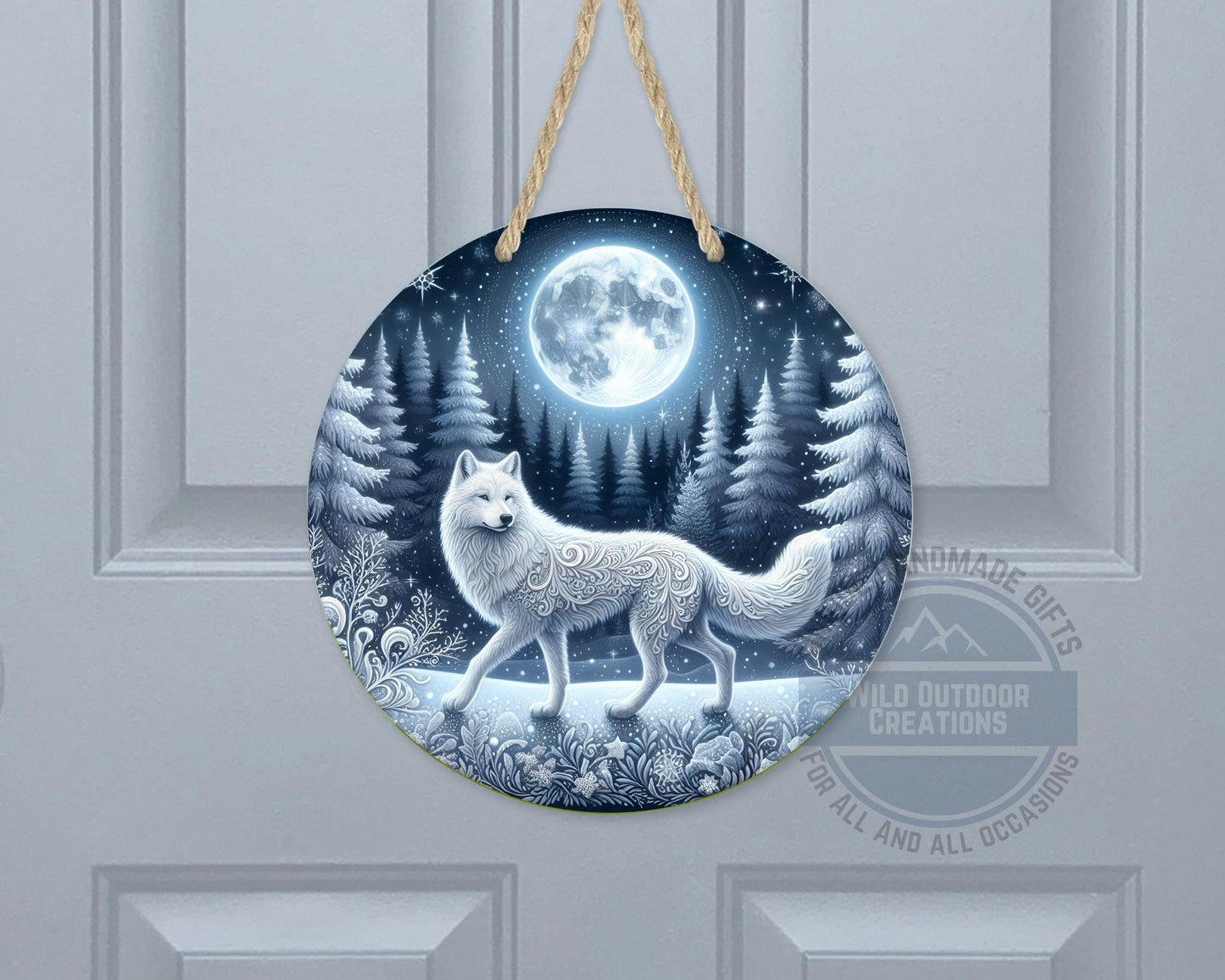 Wolf Door Sign - Rustic Outdoor Decor Full Moon Night with White Wolf Art