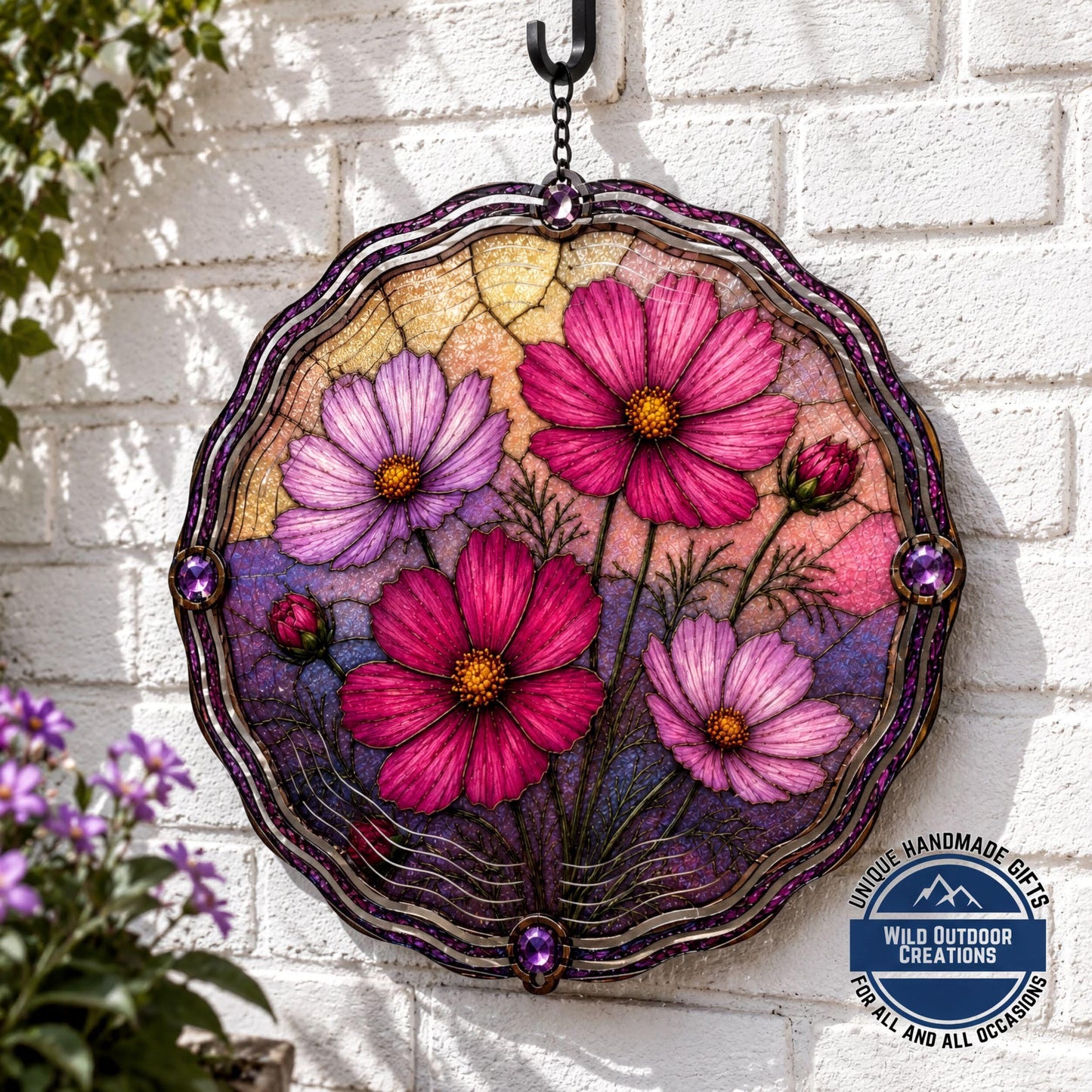 October Birth Flower Wind Spinner Cosmos Faux Stained Glass Garden Gift Yard Art