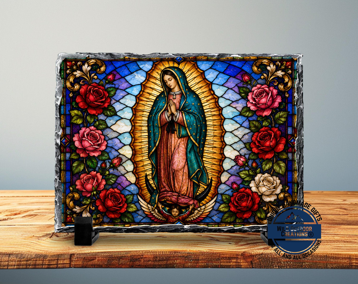 Our Lady of Guadalupe Faux Stained Glass Slate Plaque, Virgen Maria Catholic Gift