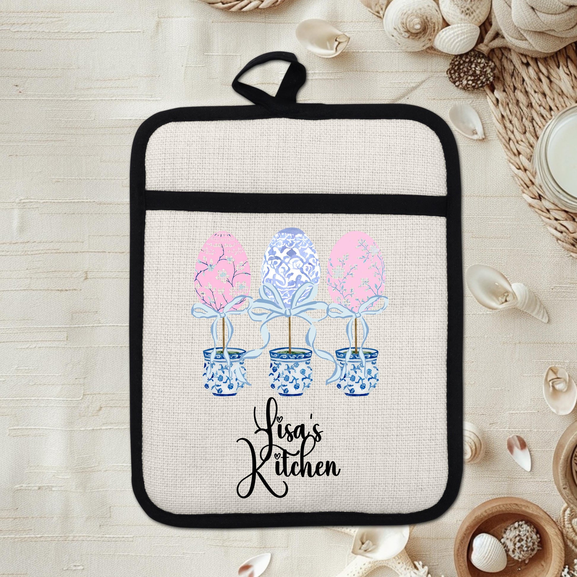 Personalized Easter Pot Holder – Custom Linen Kitchen Gift with Chinoiserie Eggs - product dimensions and specifications