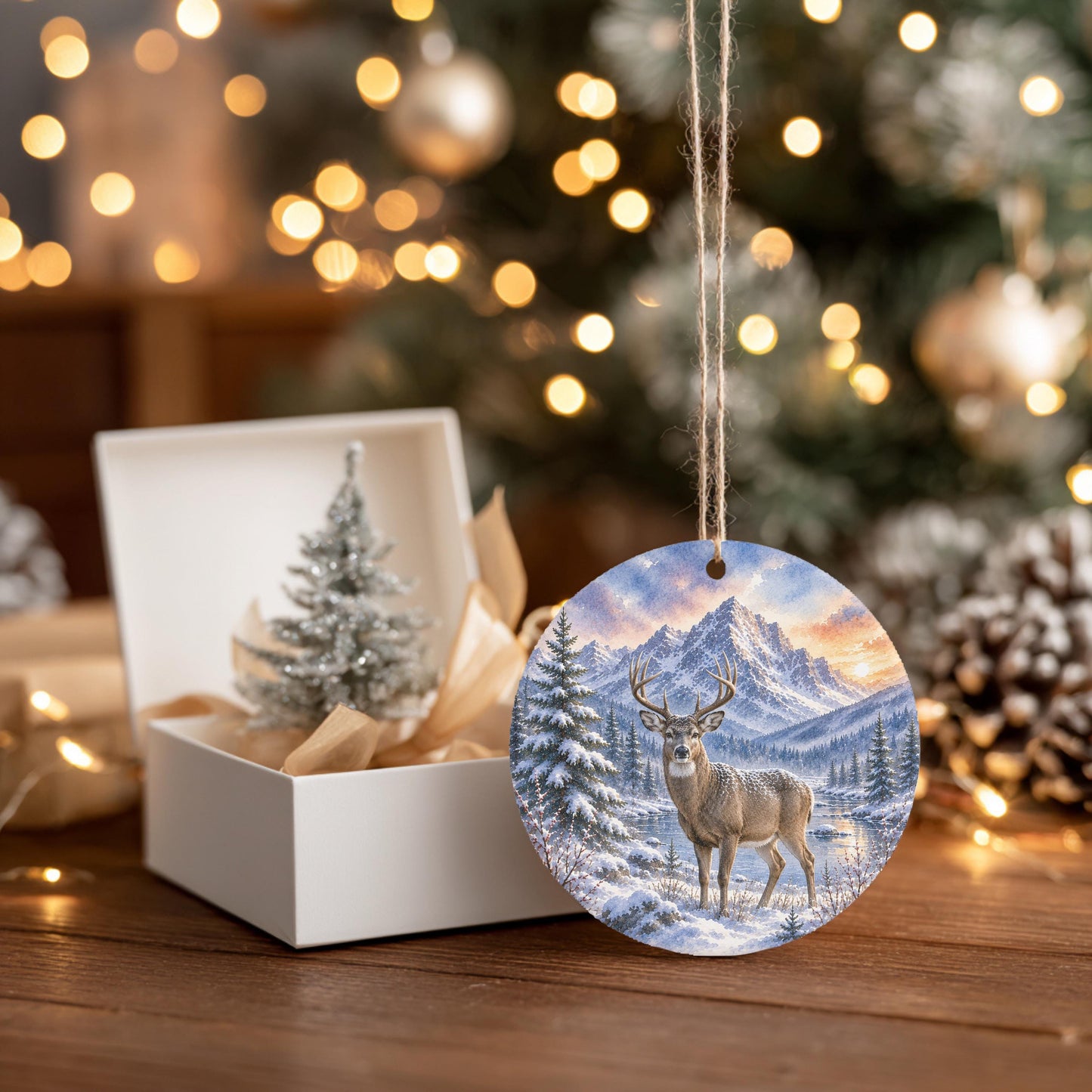 Whitetail Deer Ornament, Watercolor Mountain River Scene, Ceramic, 3 Inch