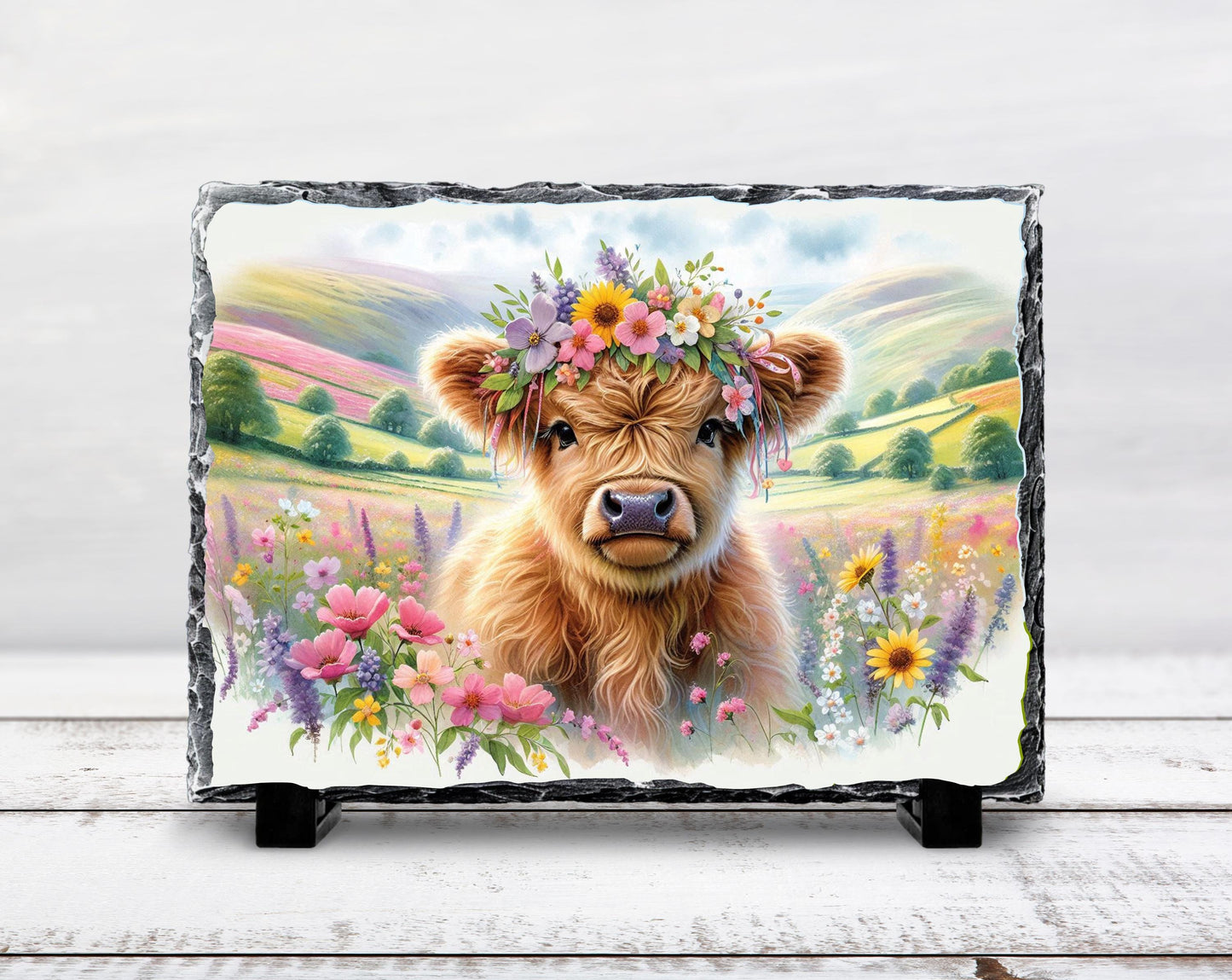 Highland Cow Slate Sign – Rustic Slate Plaque with Baby Calf Floral Headband