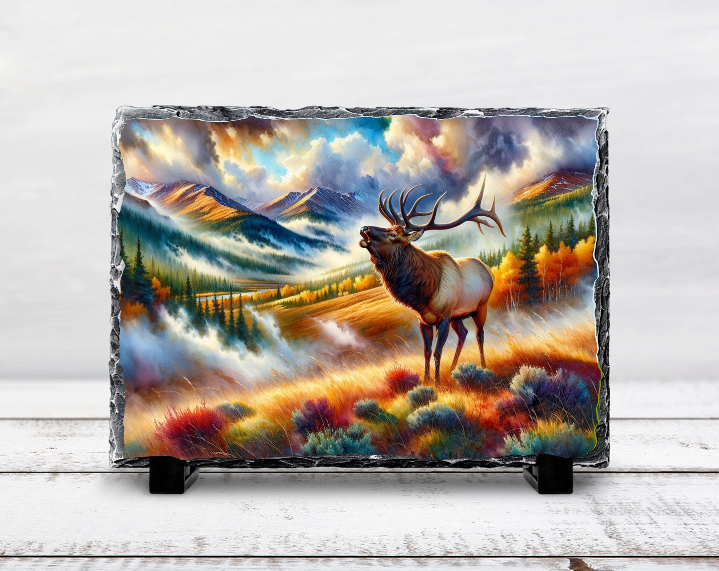 Bugling Elk Slate Plaque - Autumn Mountain Scene Wildlife Art for Rustic Cabin Decor