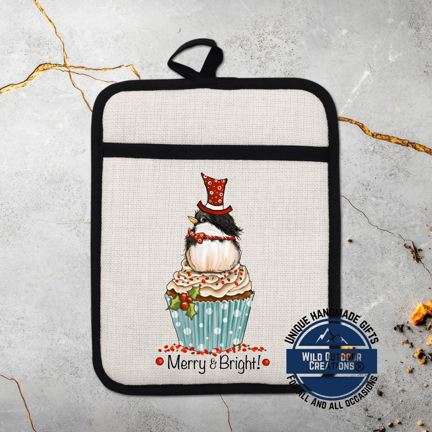 Chickadee Cupcake Pot Holder Linen Hot Pad Merry Bright Christmas Kitchen Gift