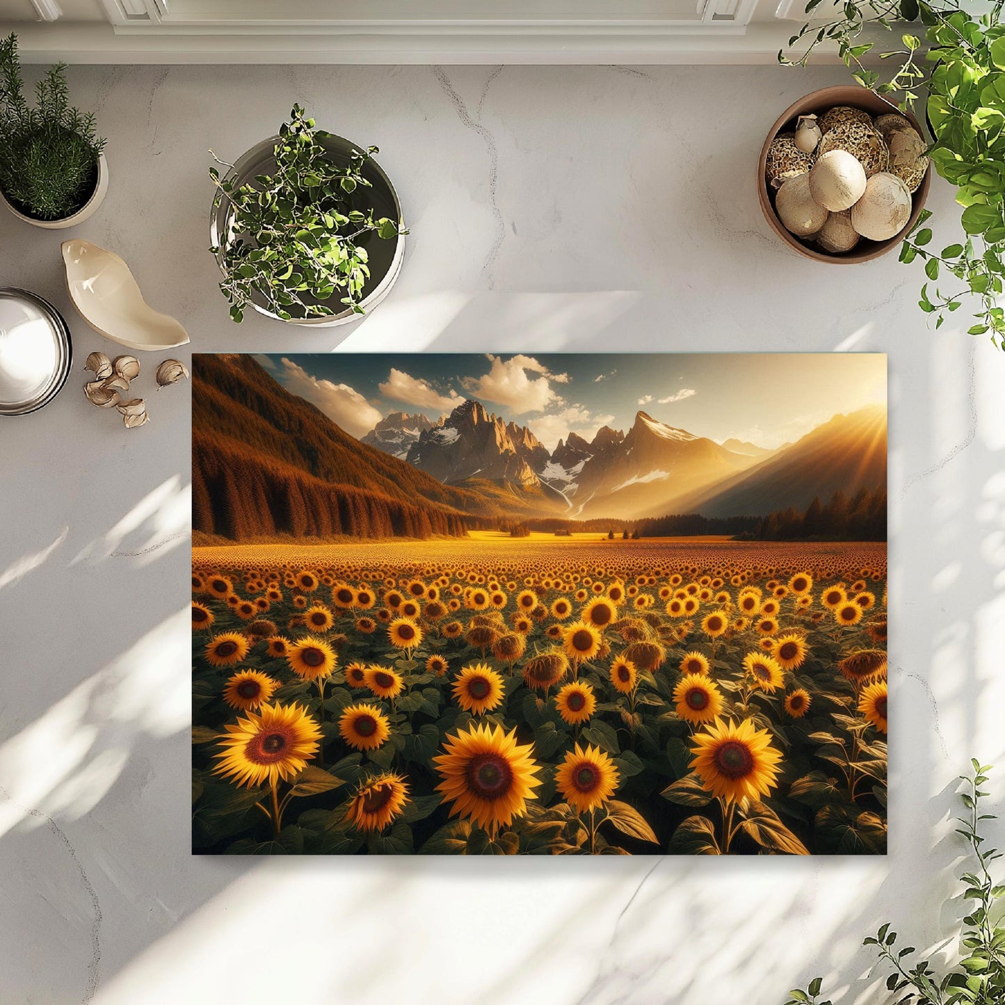 Mountain Sunset Sunflower Cutting Board, Large Glass Kitchen Board, Hostess Housewarming Gift, Charcuterie Board, Challah Board, Unique Gift