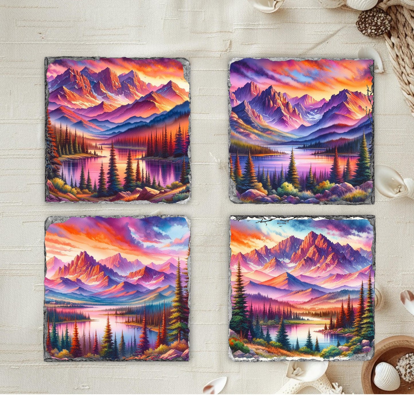 Slate Coaster Set with Vibrant Sunset Mountain Lake Images  Fractured Edges Perfect Gift for Nature Lovers