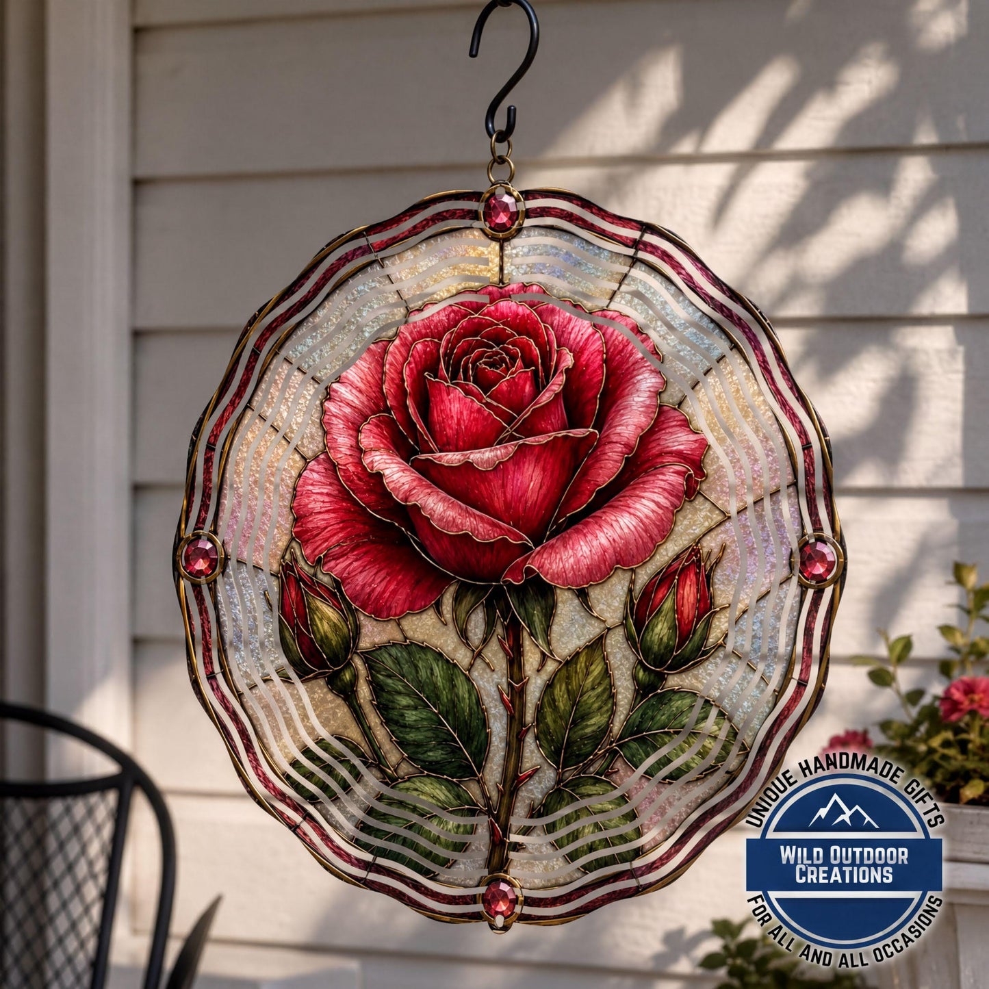 June Birth Flower Rose Wind Spinner 10 Inch Faux Stained Glass Metal Garden Decor