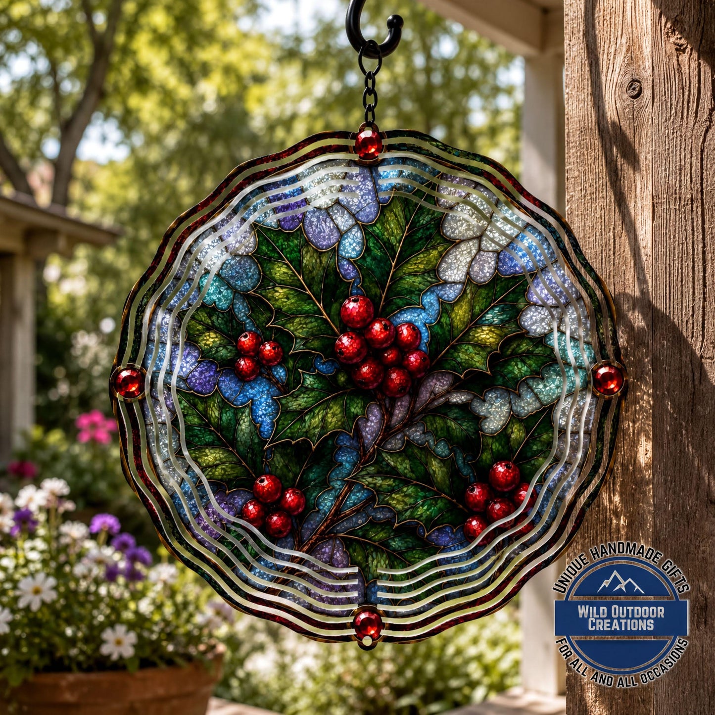 December Birth Flower Wind Spinner Holly Faux Stained Glass Garden Gift Yard Art