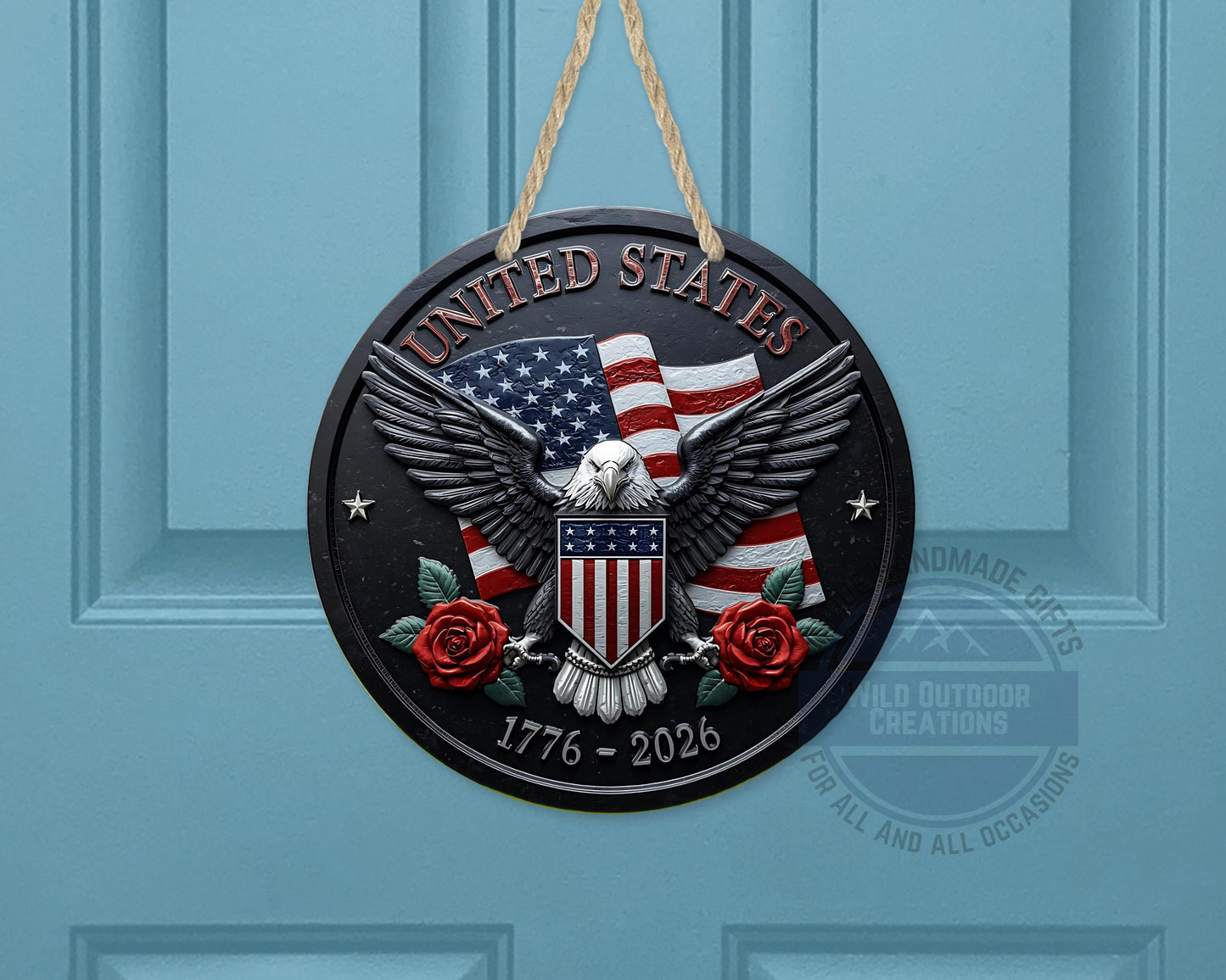 American Eagle Door Hanger - Round Aluminum Patriotic Door Sign, Veteran Gift Idea