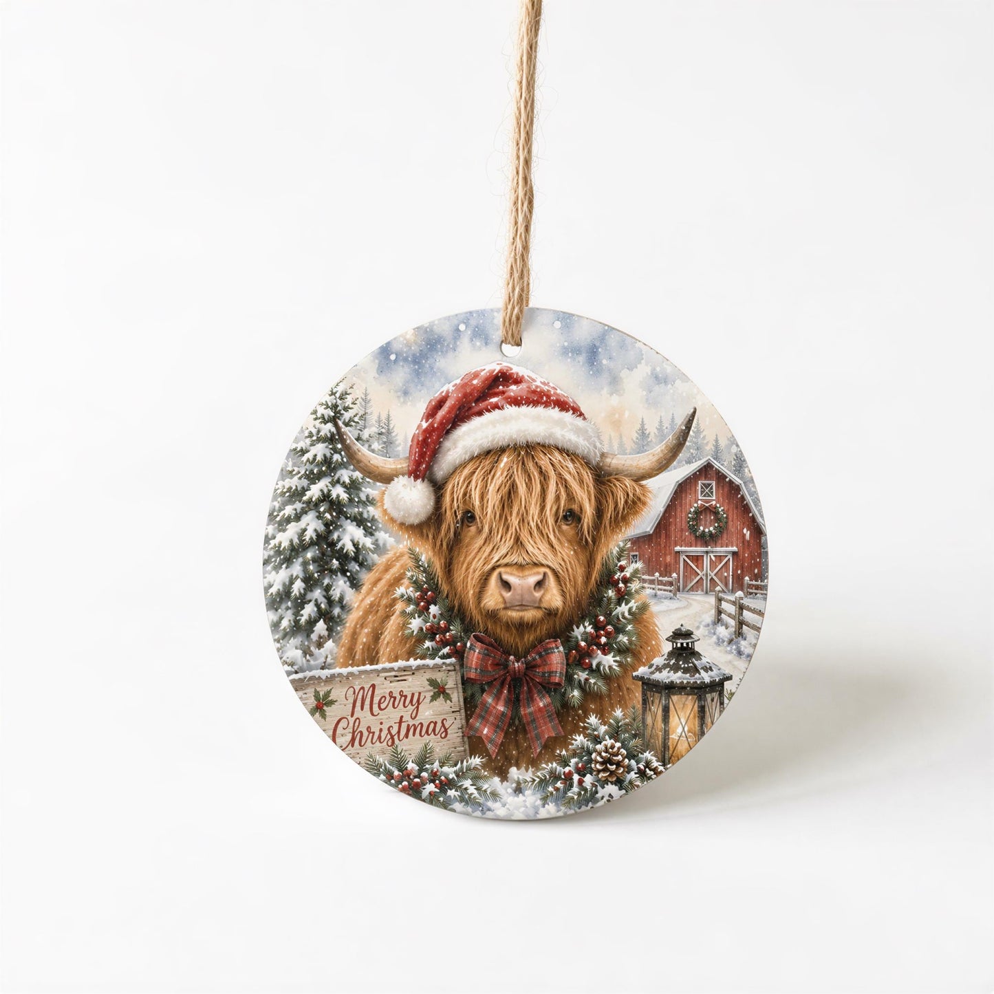 Highland Cow Ornament, Round Ceramic, 3 Inch Winter Barn Scene