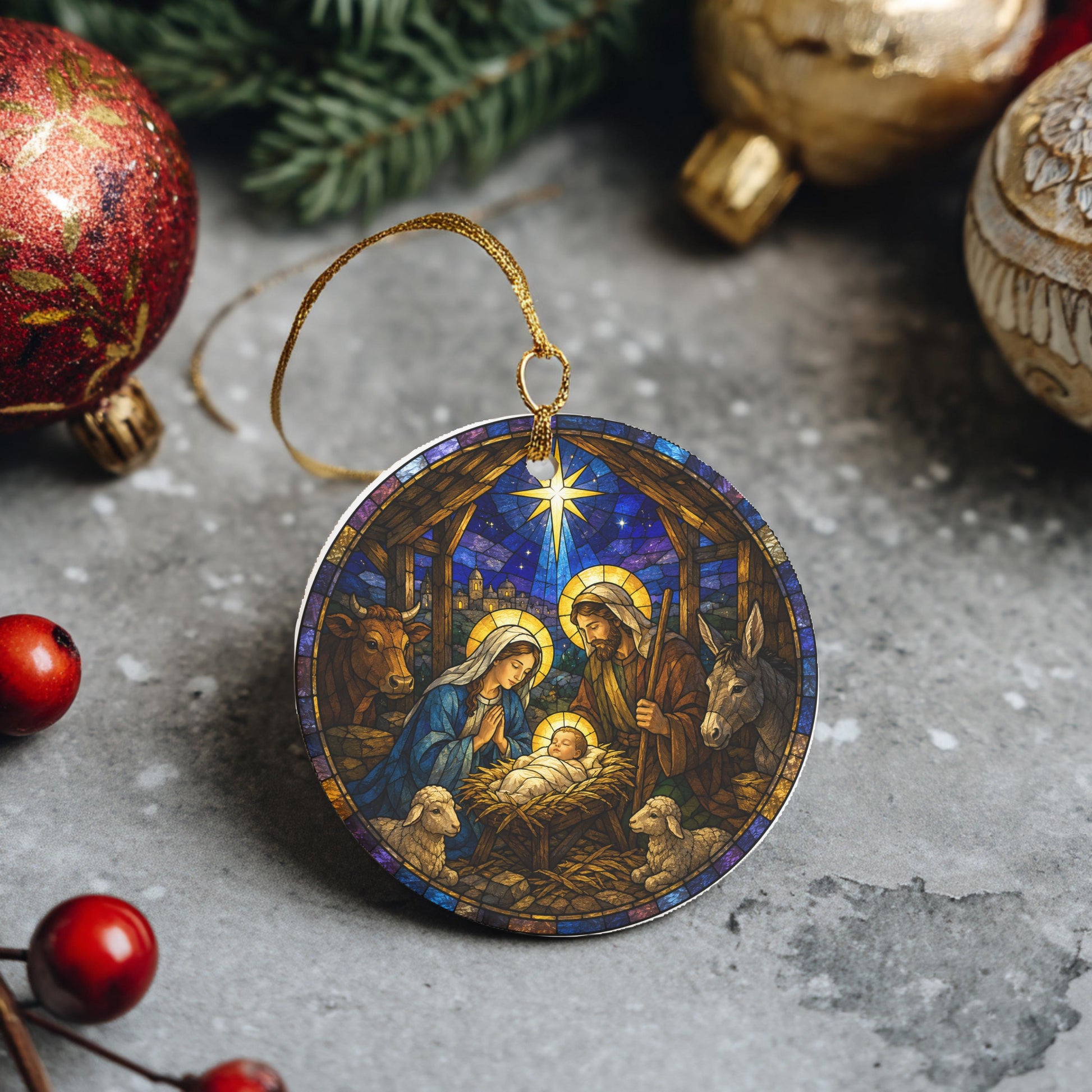 A stained glass ornament depicting the Nativity scene with the Virgin Mary, baby Jesus, and the Three Wise Men, surrounded by animals and a star.