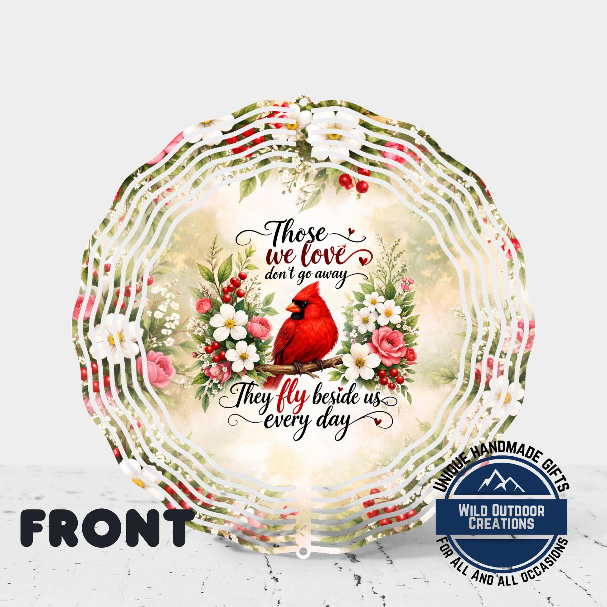 Cardinal Memorial Spinner - Vibrant Red Cardinal Garden Wind Spinner with Dogwood Flowers - size reference