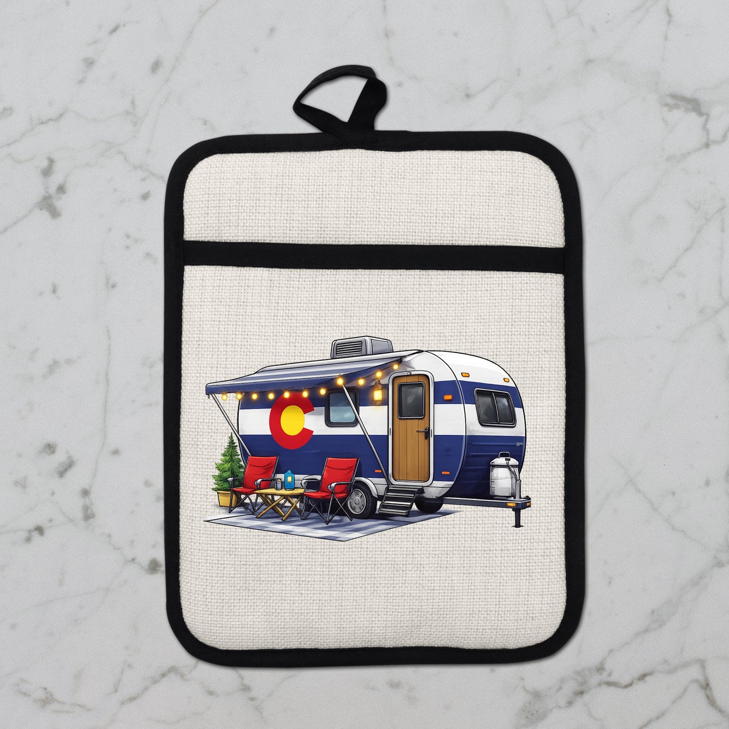 Colorado Camper Pot Holder - Linen Fabric, Silicone Heat Trivet With Loop