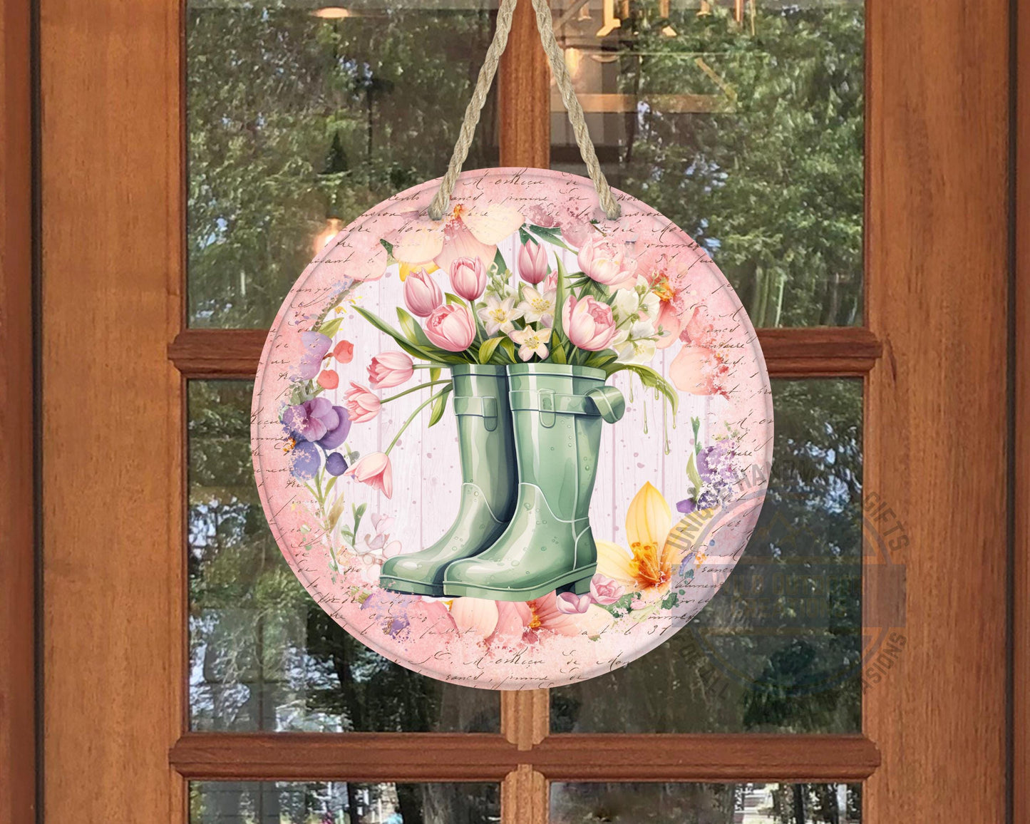 Spring Garden Boots - Pink Tulip Floral Door Hanger | Rustic Farmhouse Charm