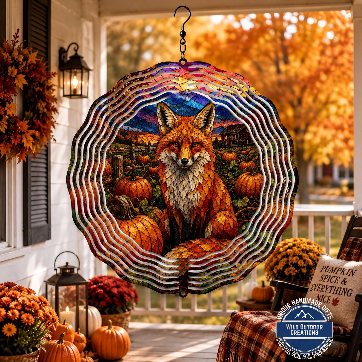 Fox Faux Stained Glass Wind Spinner Fall Pumpkin Patch Garden Decor