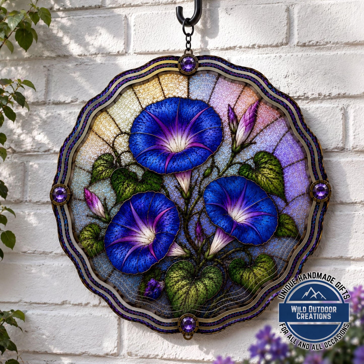 September Birth Flower Wind Spinner Morning Glory Faux Stained Glass Garden Gift Yard Art