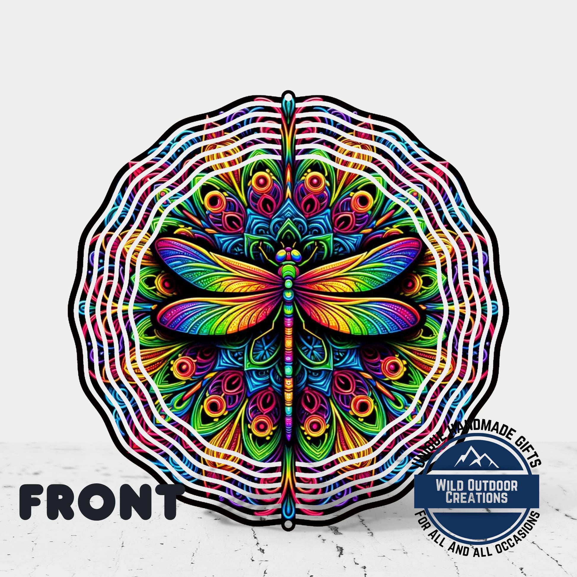 Dragonfly Wind Spinner - Neon Garden Decor | Aluminum Patio Wind Decoration - gift presentation view