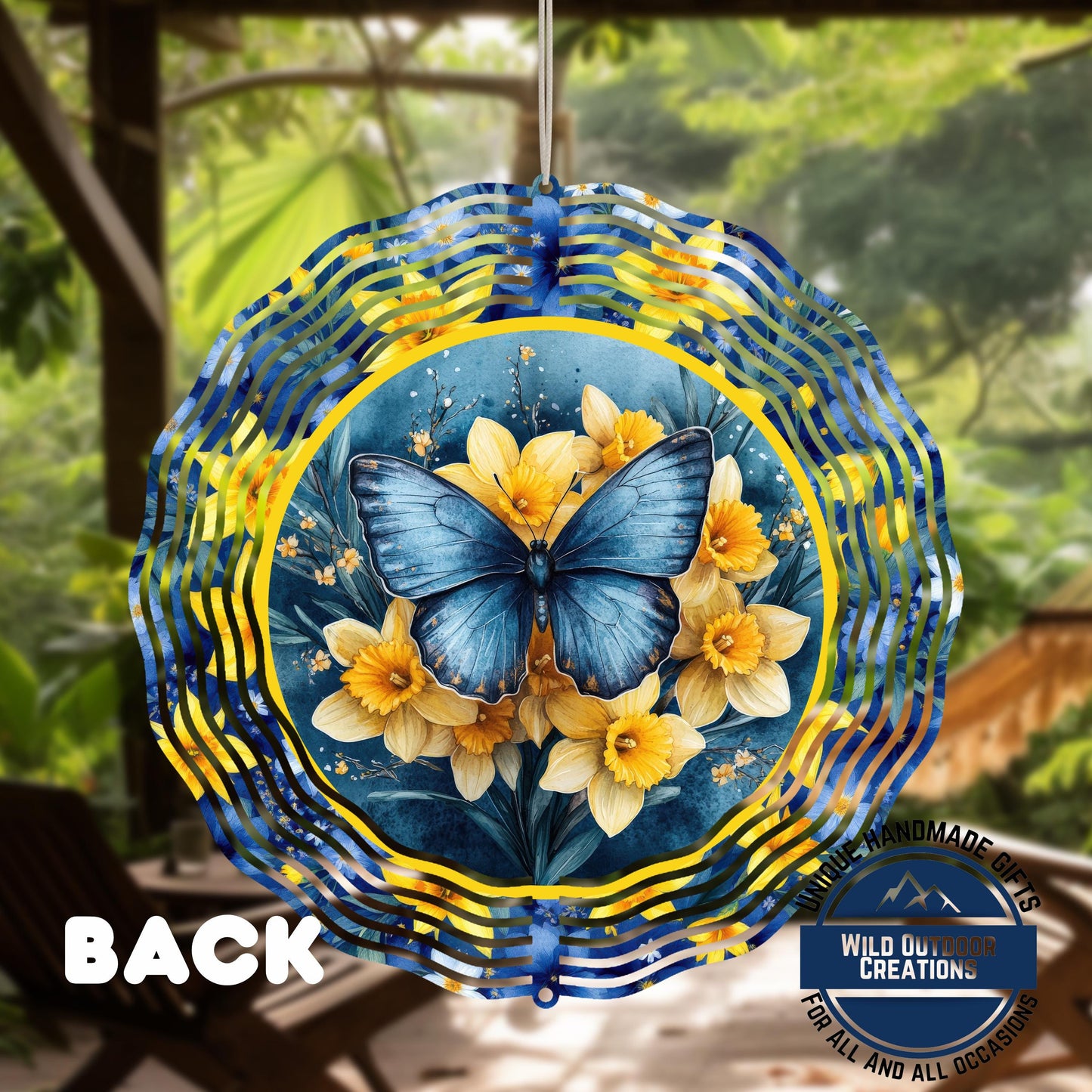 Daffodil Wind Spinner – Blue Butterfly Garden Decor, 10-Inch Aluminum Outdoor
