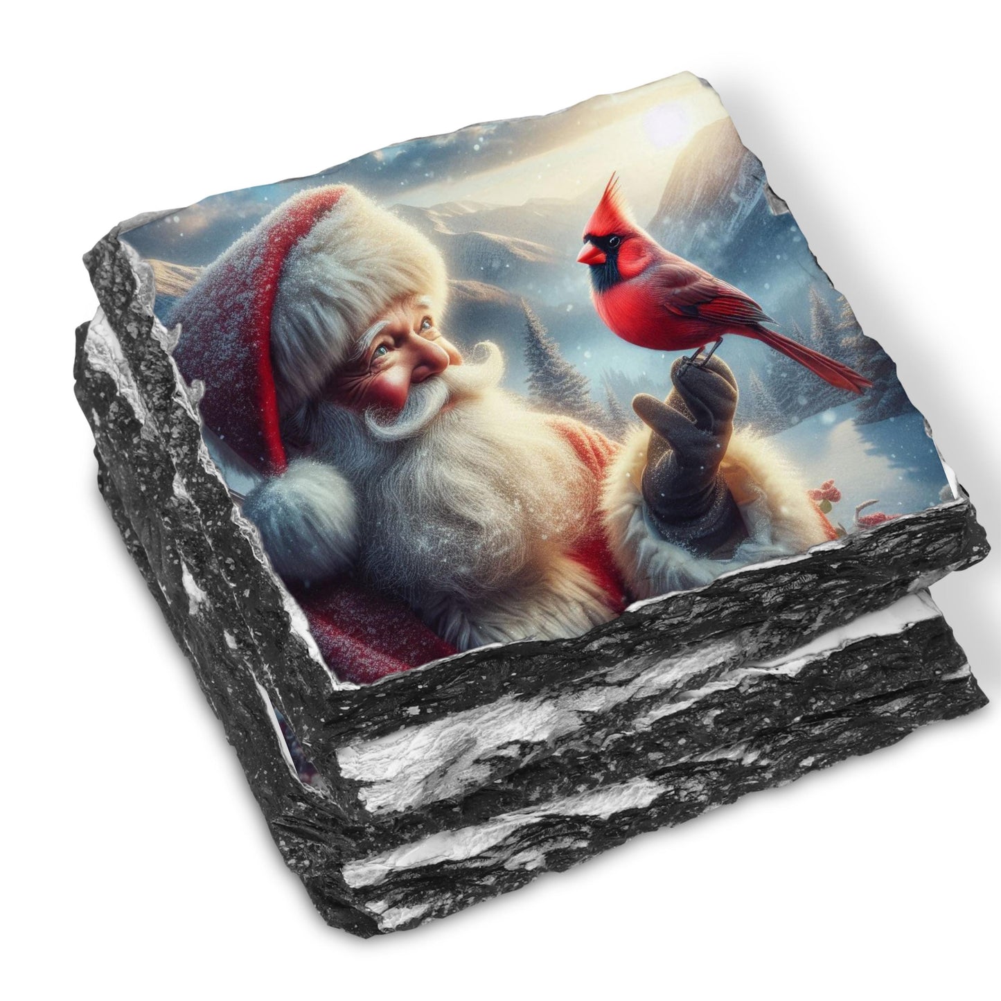 Slate Coaster Set with Santa  Cardinal Winter Scene - Fractured Edged Coasters for Holiday Decor  Gifting
