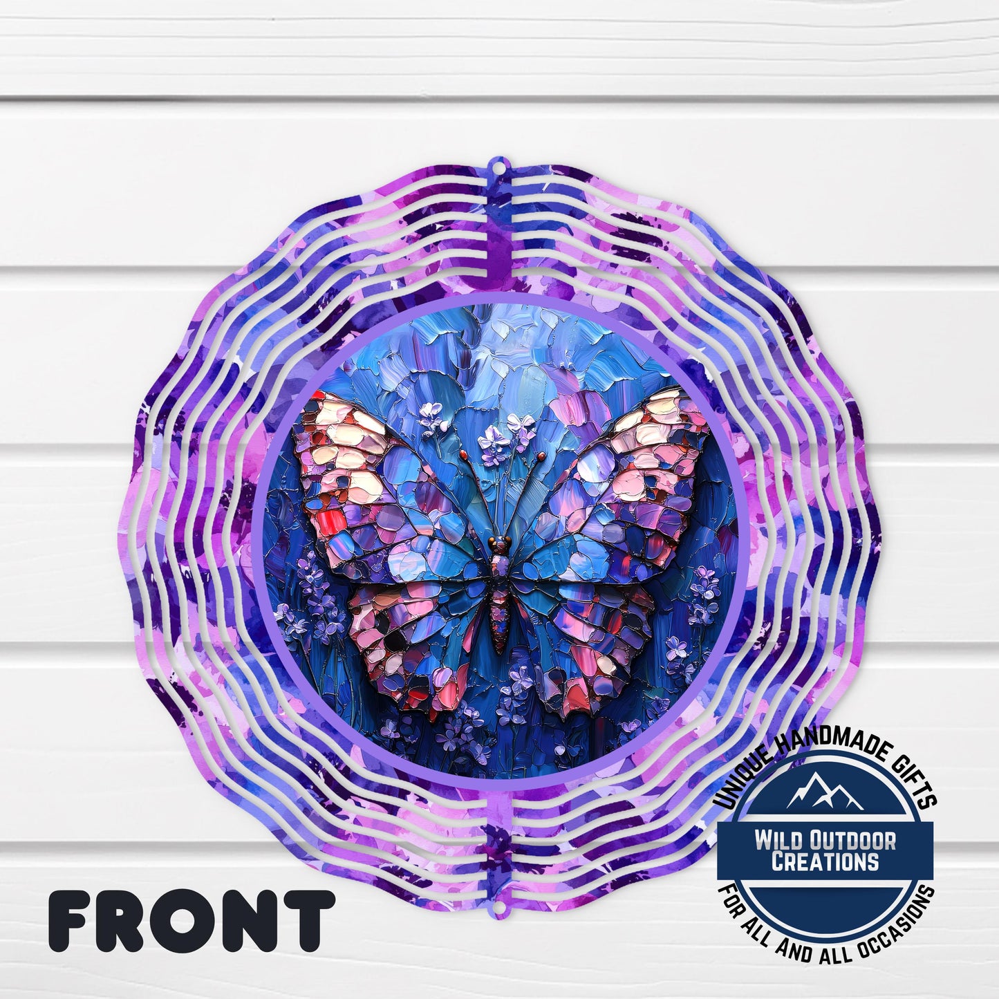 Butterfly Wind Spinner - Double Sided Mosaic Style Spinner, Purple Blue, 10 Inch Aluminum
