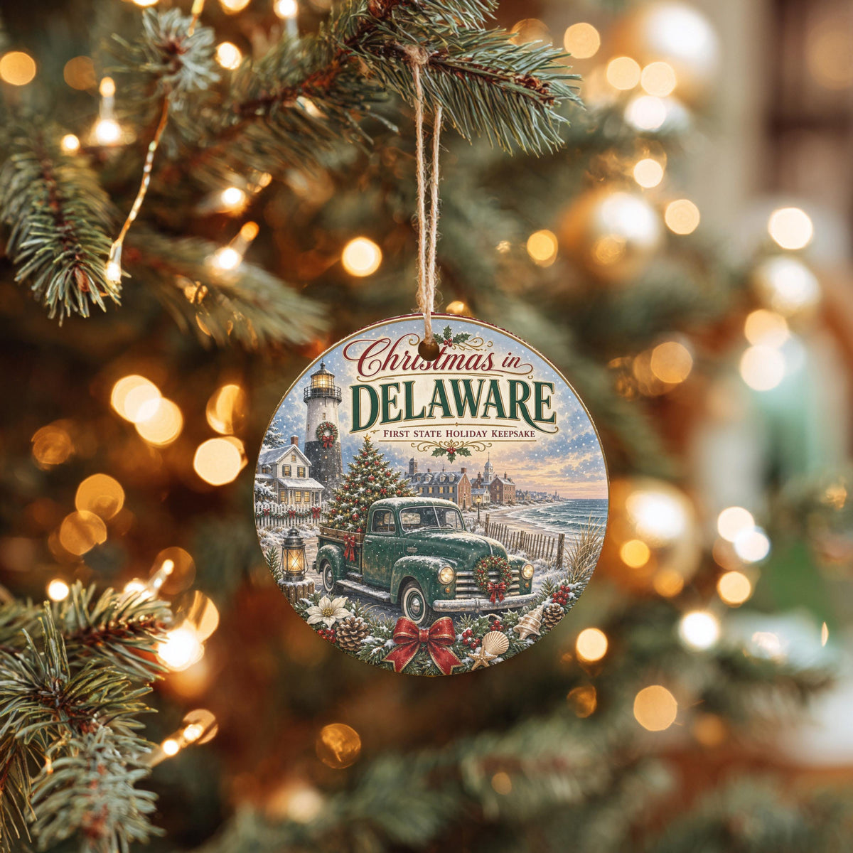 Delaware Christmas Ornament, Coastal Lighthouse Vintage Truck Art