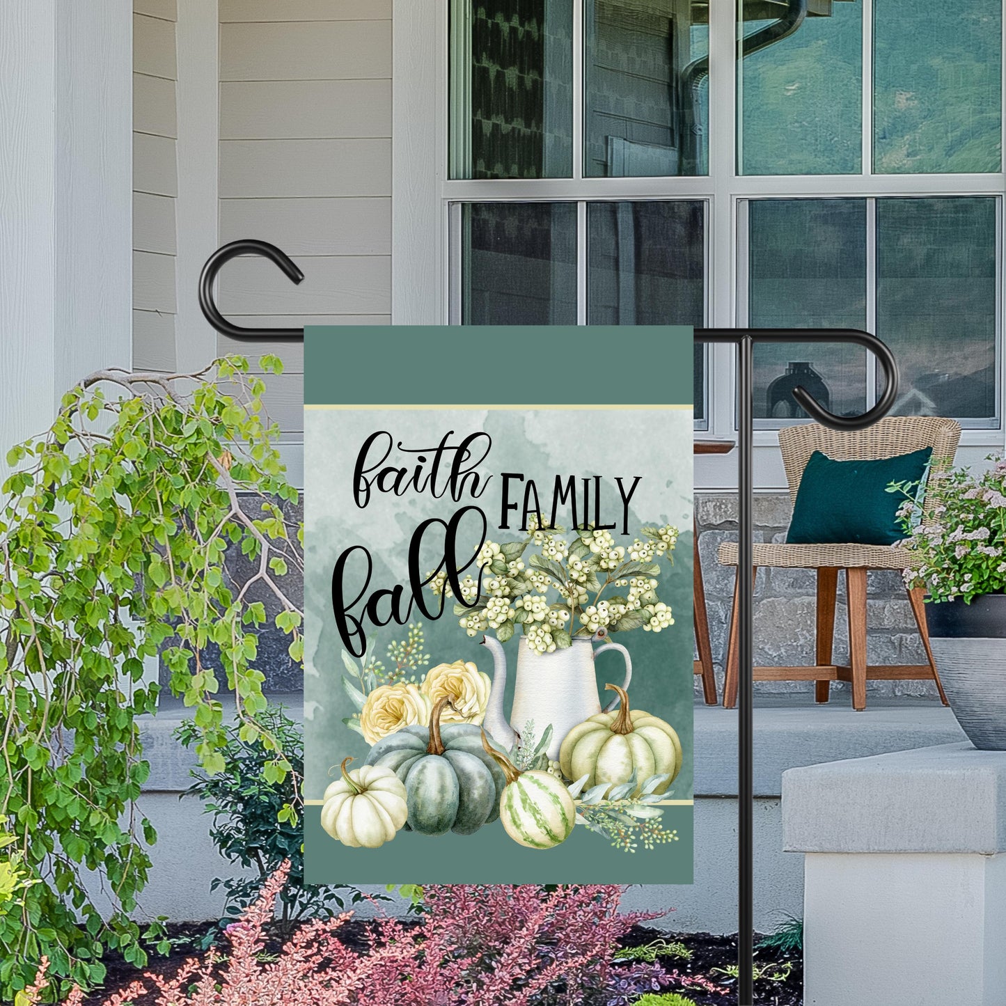 Teal Blue Fall Garden Flag with Faith Family Quote - Double-Sided 12x18 Inch Decor