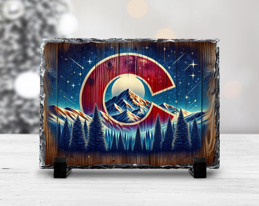 Handcrafted Slate Art - Colorado Mountain Scene with Night Sky  Shooting Stars Rustic Home Decor Gift
