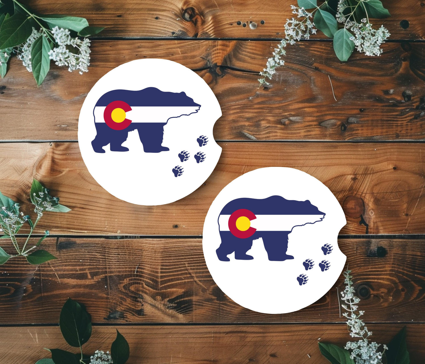 Colorado Logo Sandstone Car Coasters, Single or Set of 2, Bear Baw Print Coasters