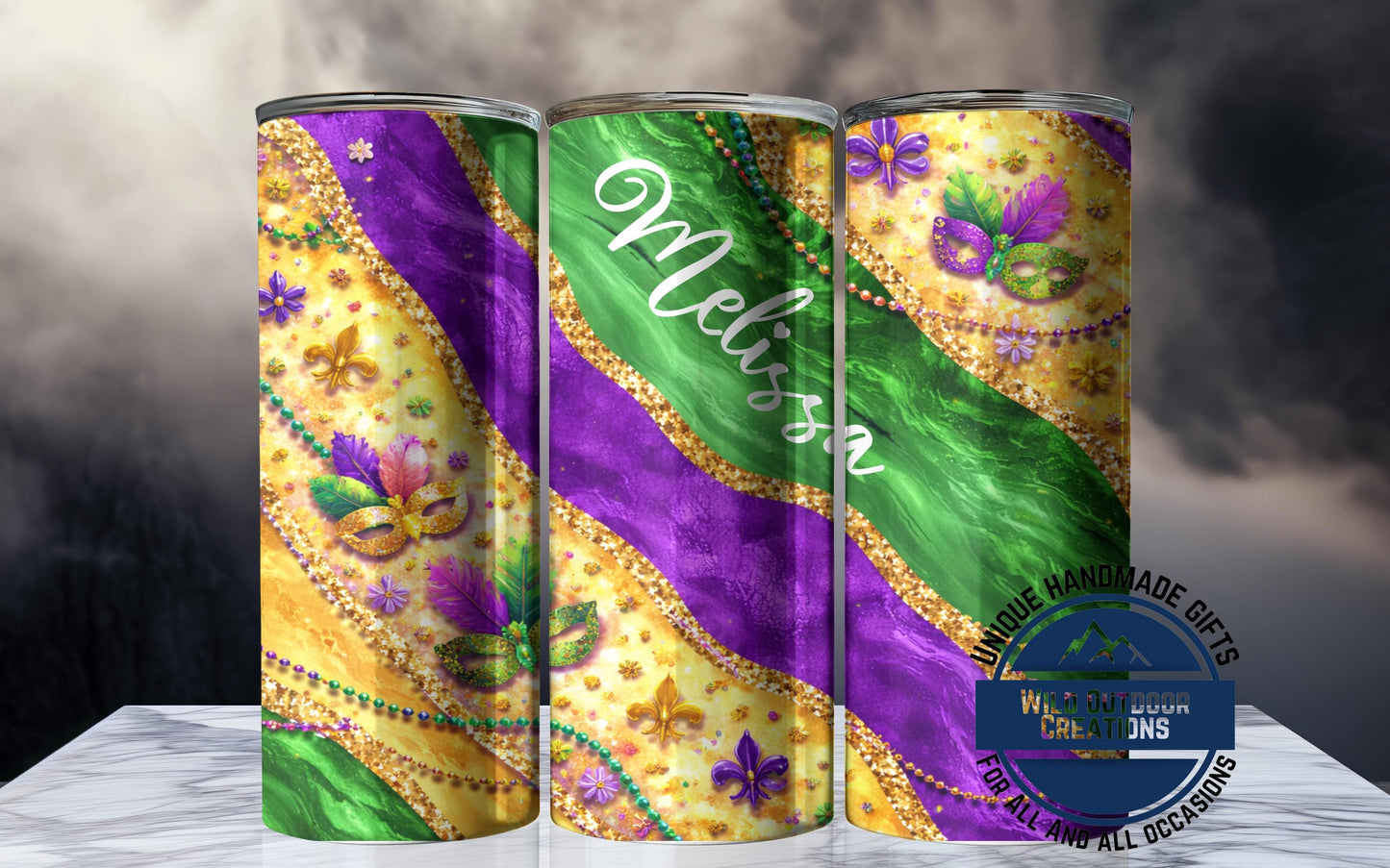 Custom Name Tumbler - Mardi Gras Mask Design | Glow in Dark Green Festival Cup - showing lid and straw detail