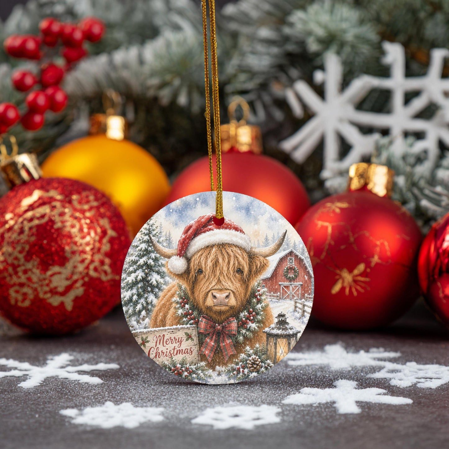 Highland Cow Ornament, Round Ceramic, 3 Inch Winter Barn Scene