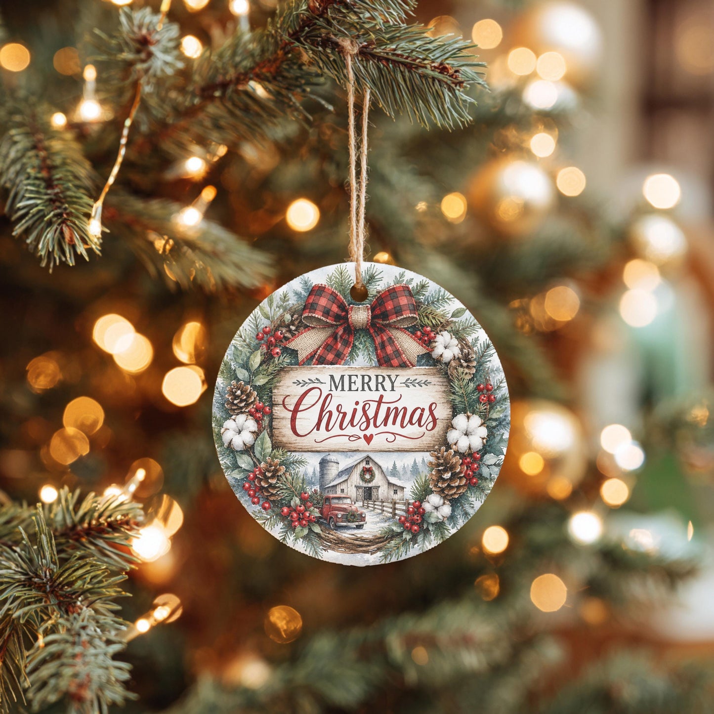 Ceramic Christmas Ornament, Farmhouse Wreath Scene, 3 Inch, Ribbon