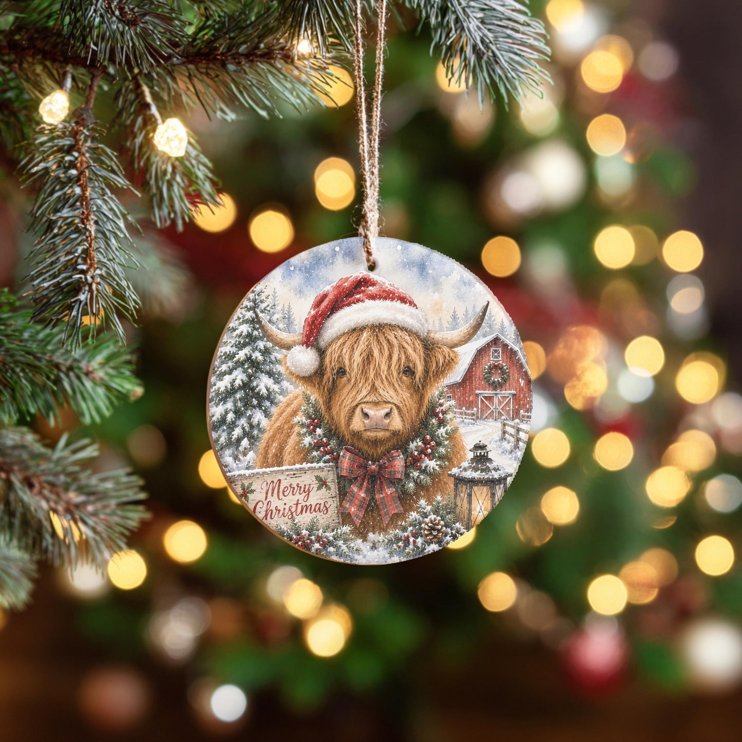 Highland Cow Ornament, Round Ceramic, 3 Inch Winter Barn Scene