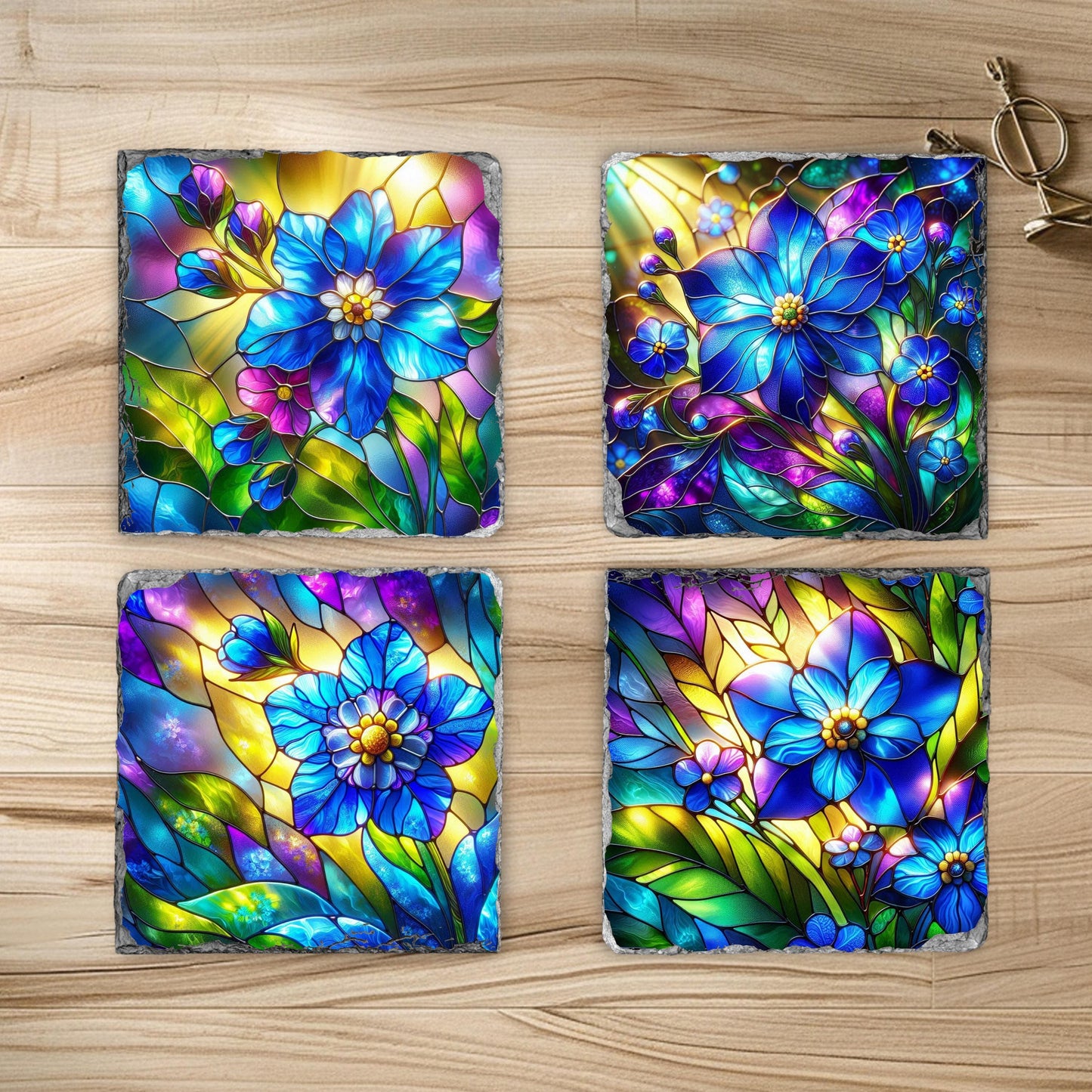 Slate Coaster Set with Faux Stained Glass Forget Me Not Flowers  Black Rack  Handcrafted Alaska State Gift