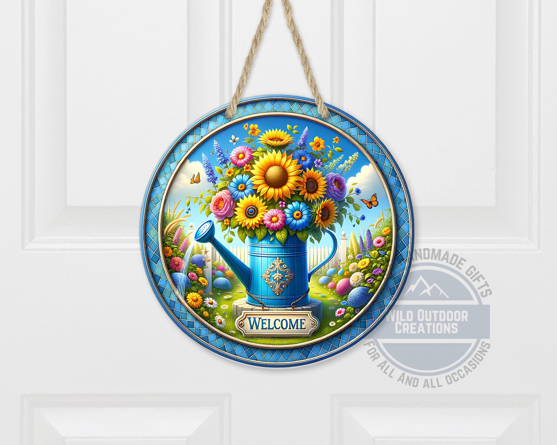 Watering Can Welcome Sign – Round Aluminum Garden Door Hanger With Sunflower Decor - scale and size reference