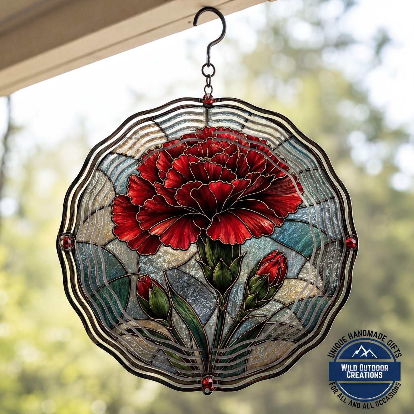 January Birth Flower Carnation Wind Spinner 10 Inch Faux Stained Glass Metal Garden Decor