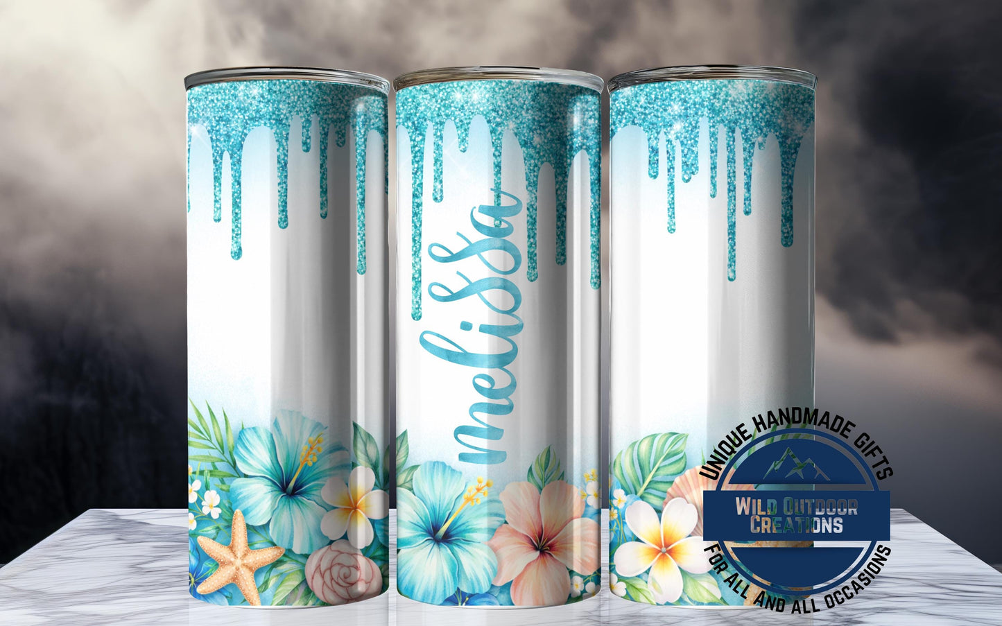 Personalized Tropical Tumbler - Double Wall Tumbler With Floral Beach Design & Glow Green