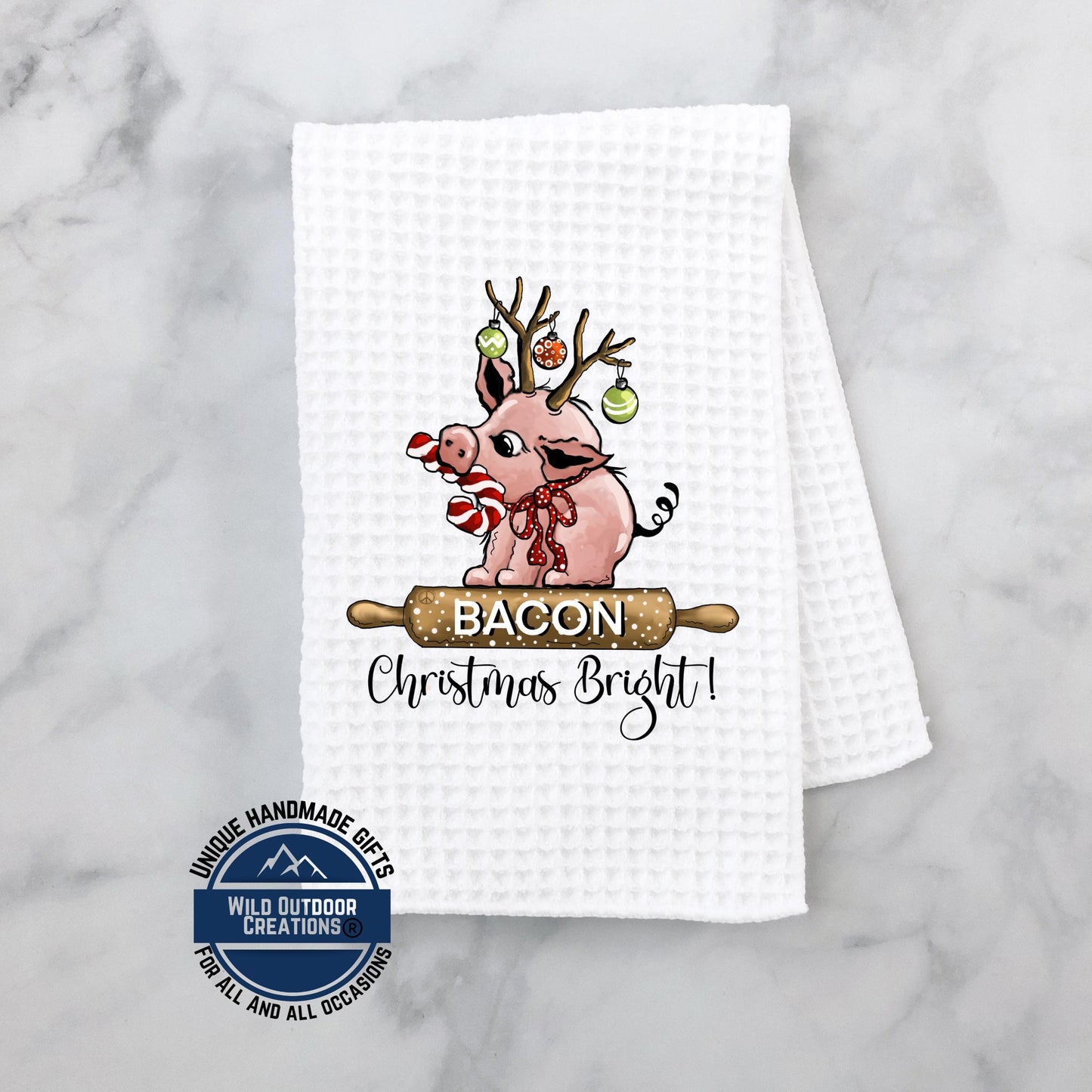 Reindeer Pig Christmas Kitchen Towel Bacon Funny Farmhouse Waffle Weave Holiday Decor Gift