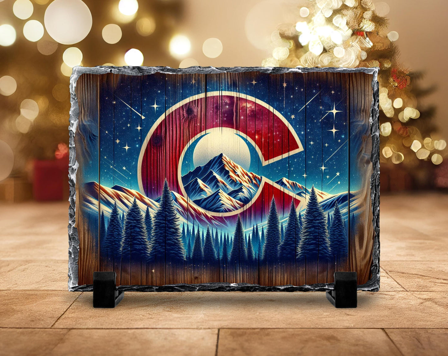 Handcrafted Slate Art - Colorado Mountain Scene with Night Sky  Shooting Stars Rustic Home Decor Gift