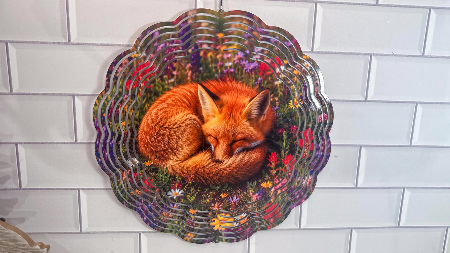 Sleeping Fox, Meadow Floral Wind Spinner | 10 Inch Décor | 360 Swivel | Indoor Outdoor Art
