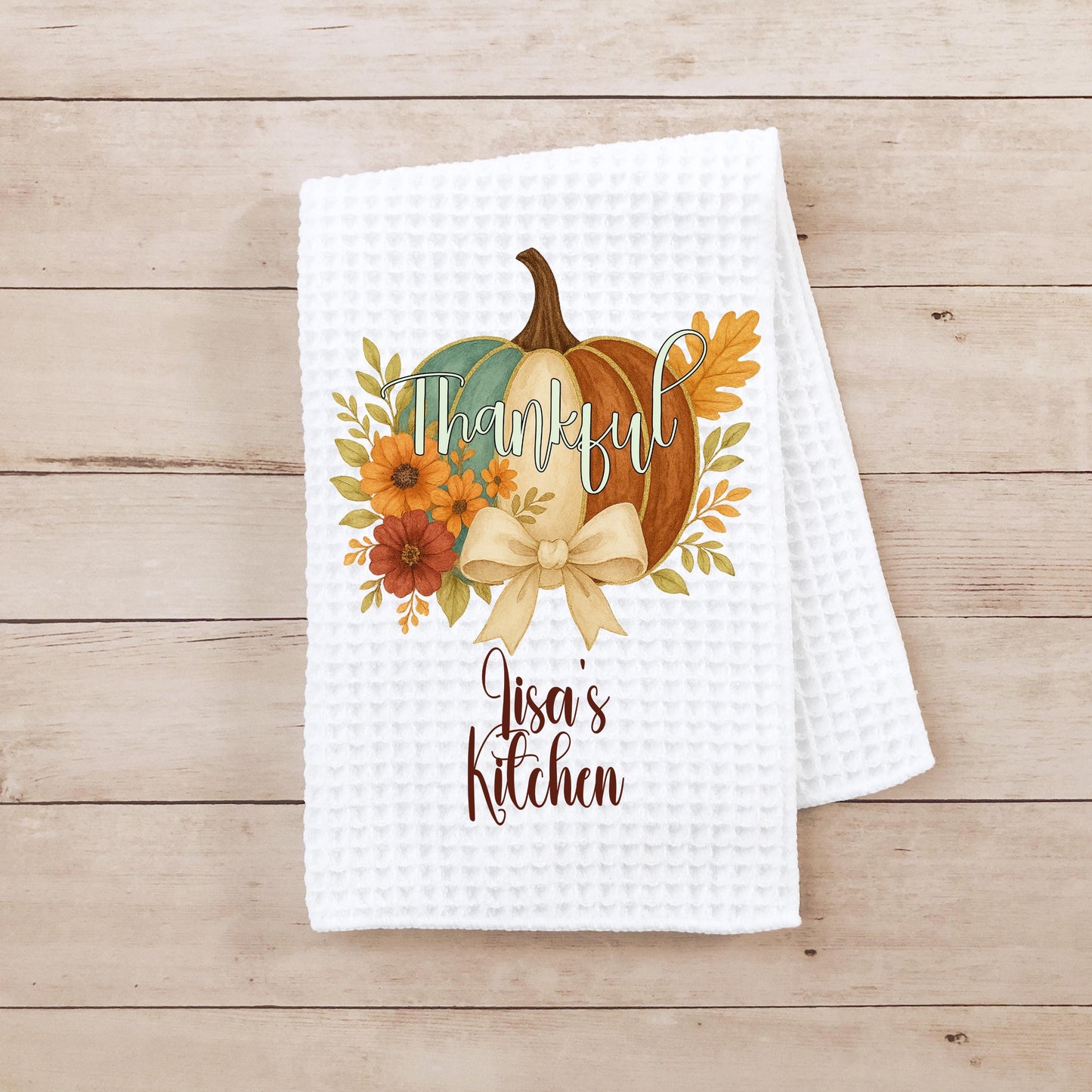 Floral Pumpkin Kitchen Towel with Waffle Weave  Coquette Bow for Thanksgiving Decor