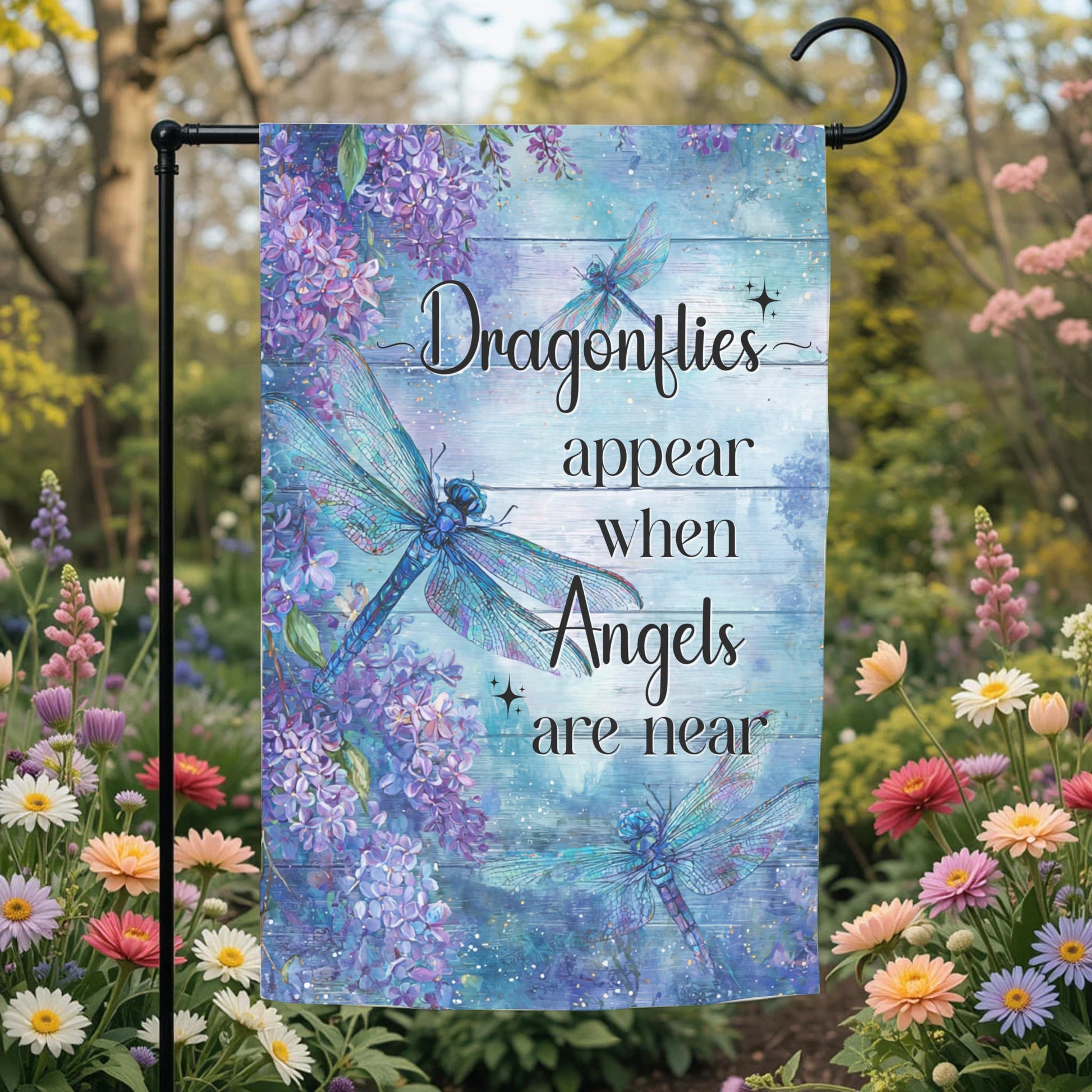 Memorial Garden Flag – Dragonfly Garden Flag with Lilac Flowers | UV Protected Polyester - garden display